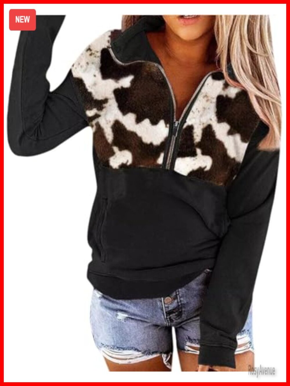 LEMAFER Women's Cow Print Zipper Collar Pullover Sweatshirt Western Ethnic